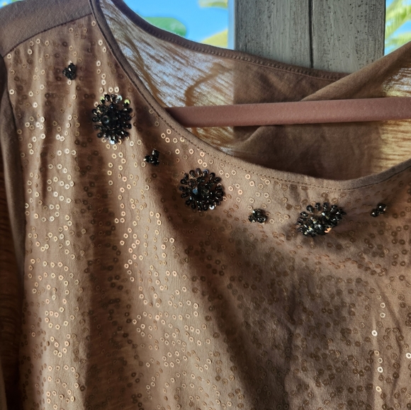 2 LOFT XL tan with sequence on the front with clusters of sequence at neckline - Picture 2 of 5